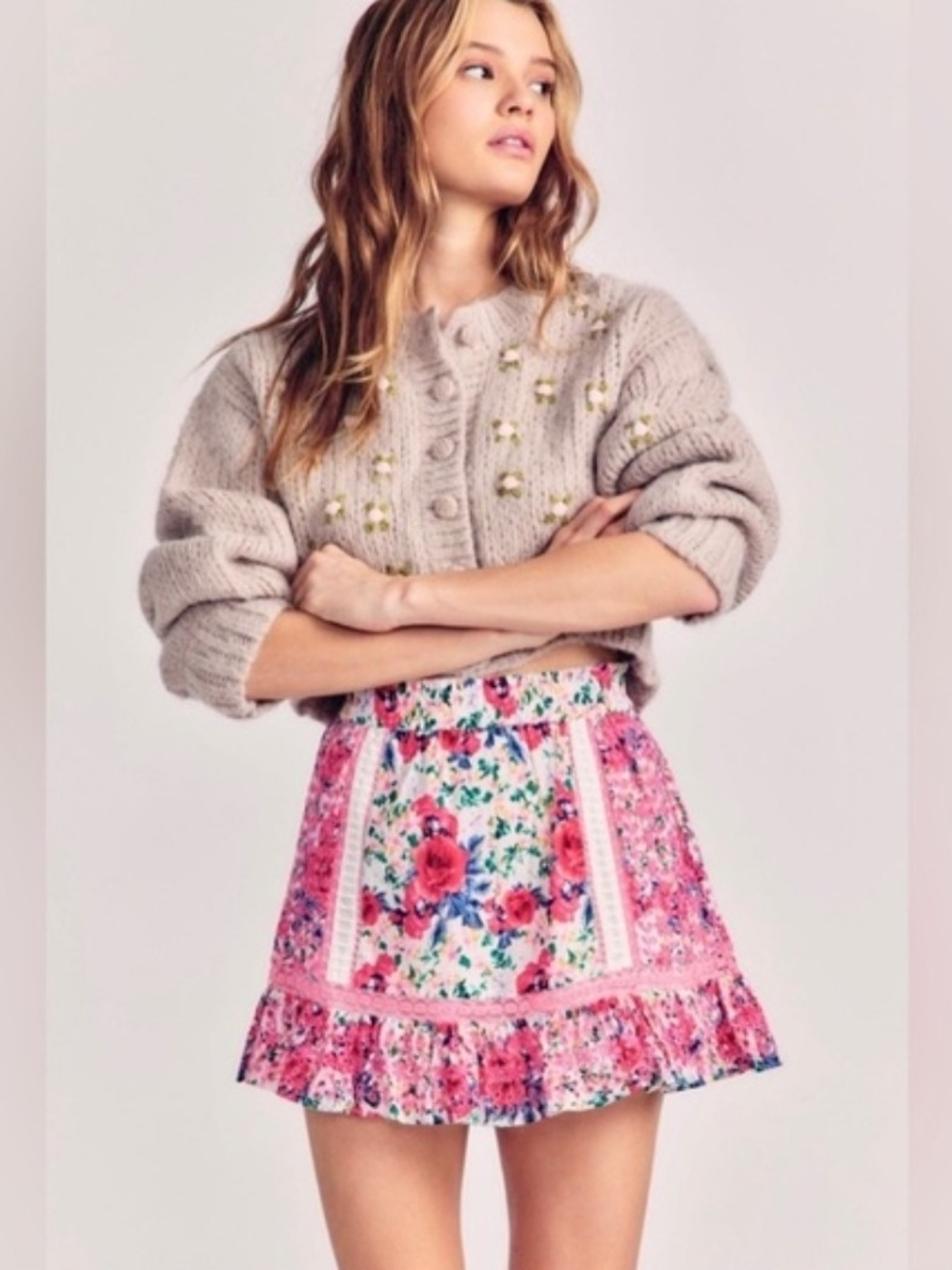 LoveShackFancy Pink Floral Ruffle Mini Skirt